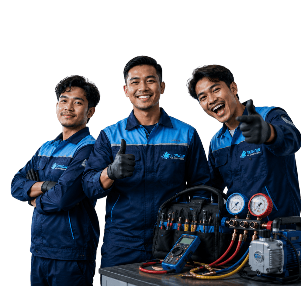 Tim teknisi AC dengan seragam dan peralatan kerja